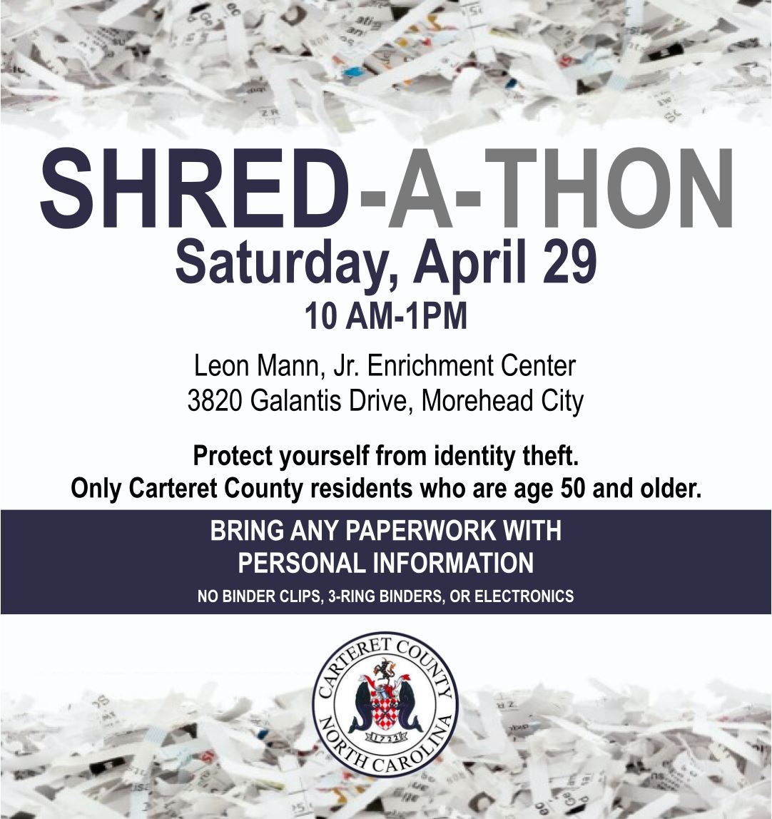 Shred-a-Thon April 29, 2023 with shredded paper at the top and bottom of image